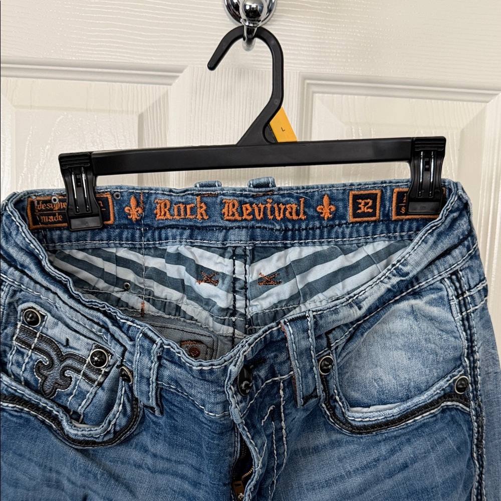 Rock Revival Distressed Light Blue Jeans with Embroidered Waistband